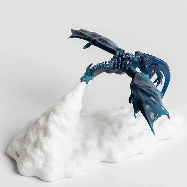 3D printed dragon-shaped night light with glowing red breathing LED effect on a table