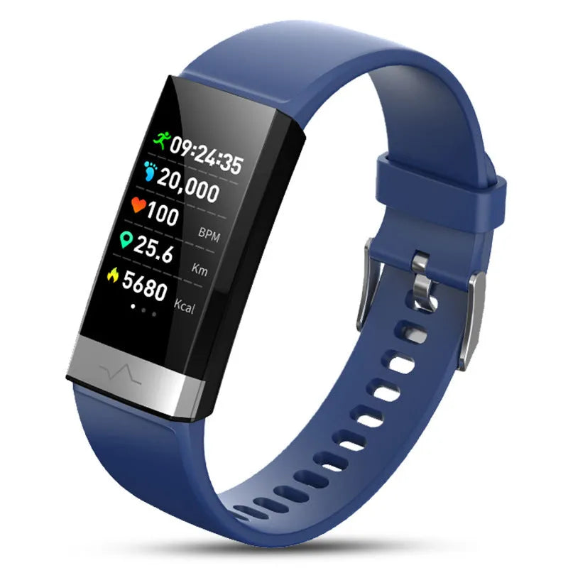 V19 Smart Bracelet in black, blue, or red colours showing the 1.14-inch screen and TPU strap.