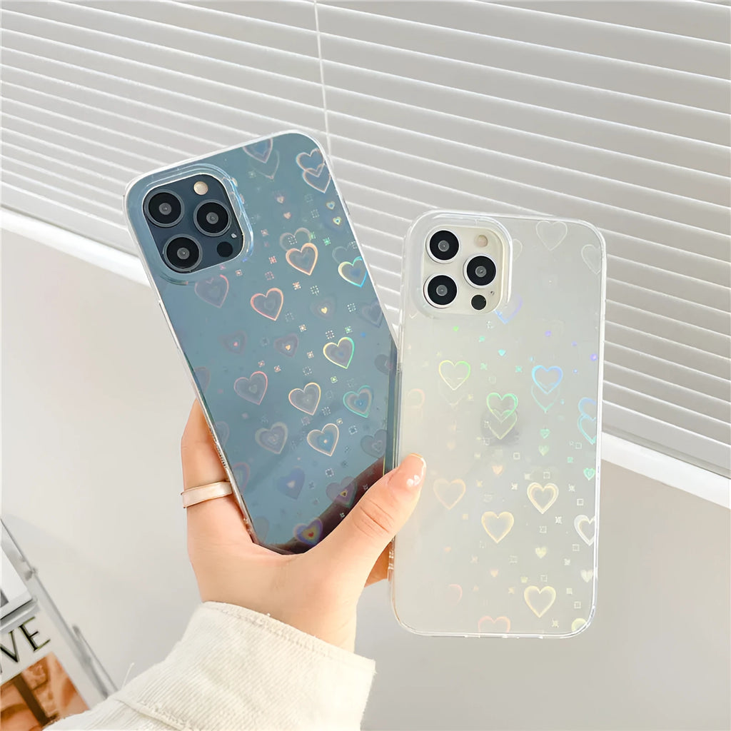 Transparent silicone iPhone case with laser colourful love design shown on iPhone