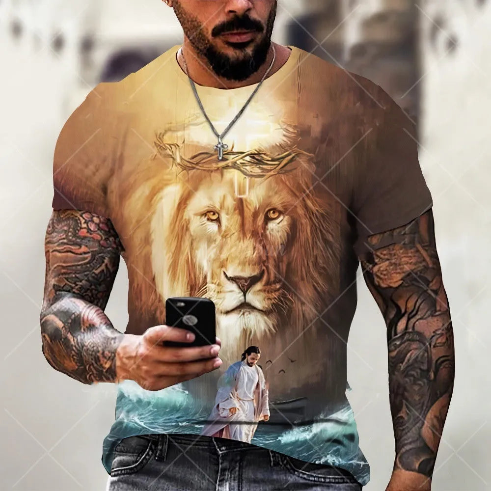 Men's grey T-shirt featuring a 3D printed Jesus design, short sleeves, made from breathable polyester.