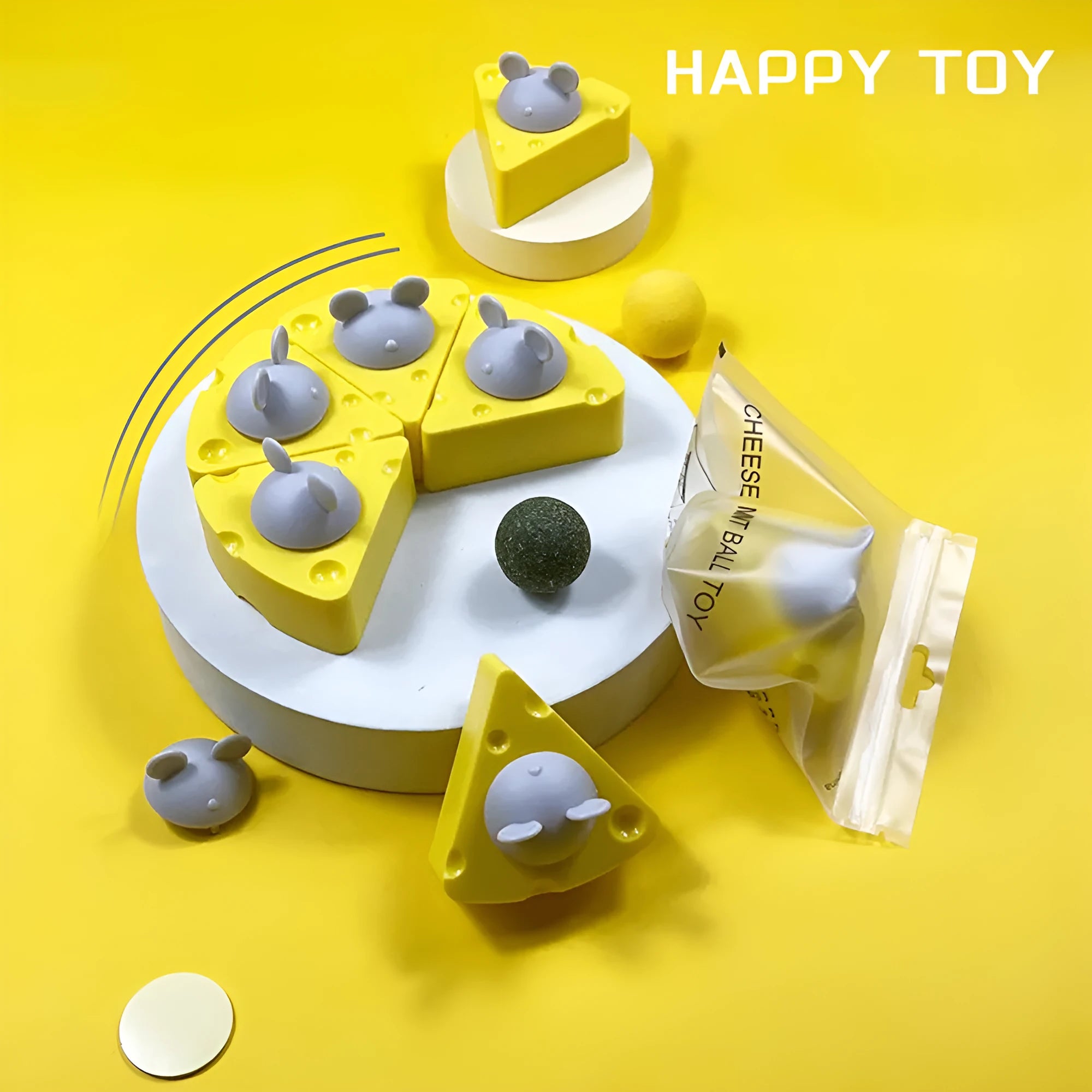Yellow catnip toy balls with cheese flavour for feline dental care and indoor entertainment