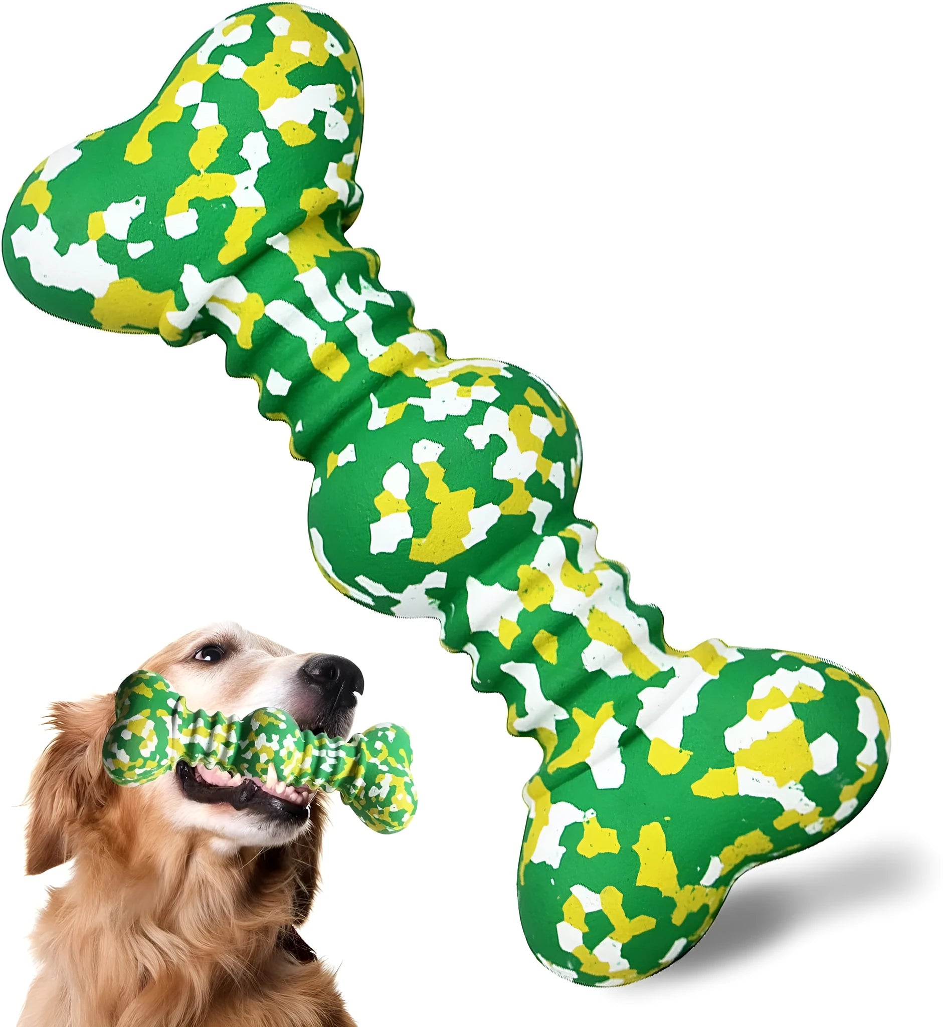 Green, white, and yellow camouflage pattern natural rubber bone chew toy for large breed dogs on a plain background.