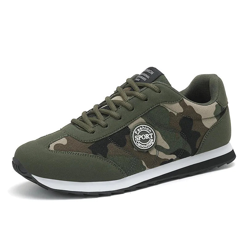 Camouflage pattern suede running shoes with mesh lining and foam sole on size chart background