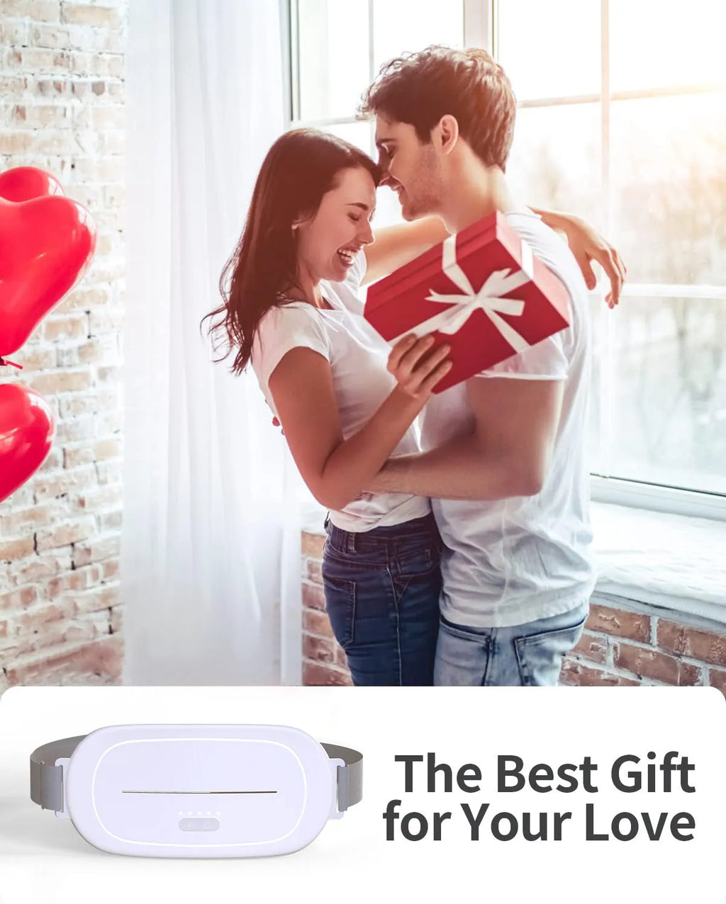 White postpartum uterine warming device with fabric belt and portable heat therapy unit.