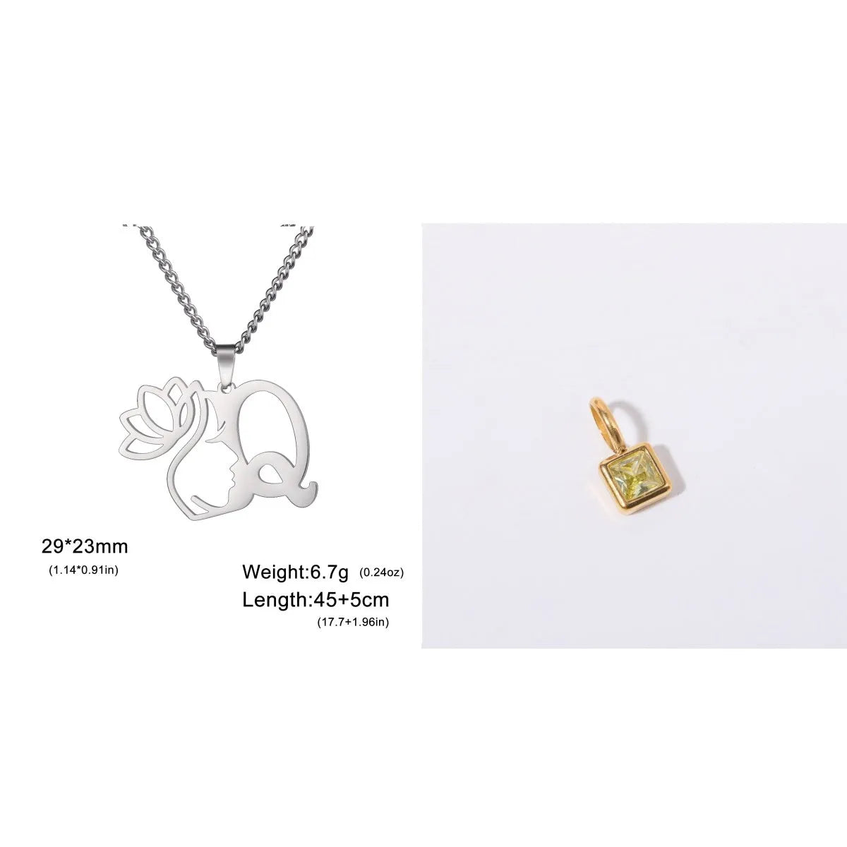 Stainless steel necklace with cross chain and a single letter pendant in gold or silver finish.
