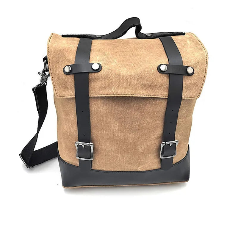 Thick waterproof canvas motorcycle side bag showing dimensions and black colour option