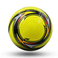Machine-sewn PVC football in sizes 3, 4, and 5 shown in various colour patterns including red dragon roll and tornado blue.