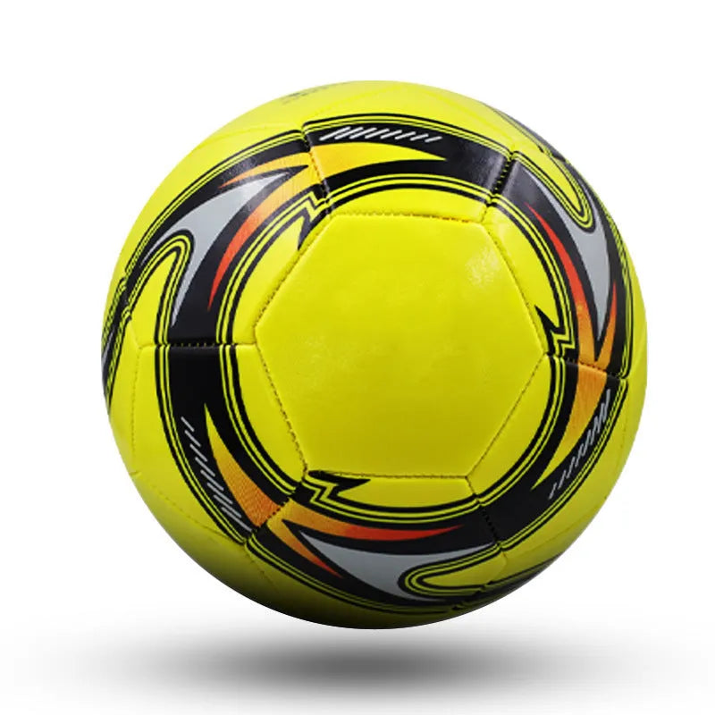 Machine-sewn PVC football in sizes 3, 4, and 5 shown in various colour patterns including red dragon roll and tornado blue.