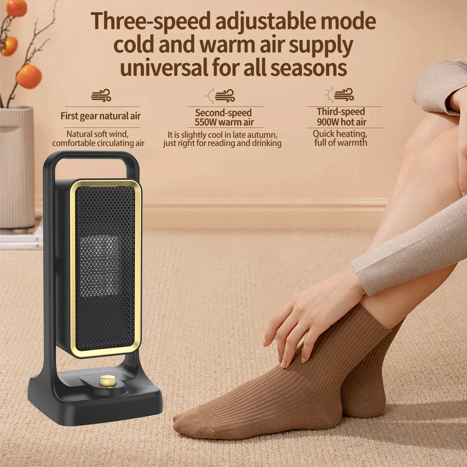 Black PTC ceramic desk heater with control knob, compact rectangular design measuring 14.9x11.1x33.5cm