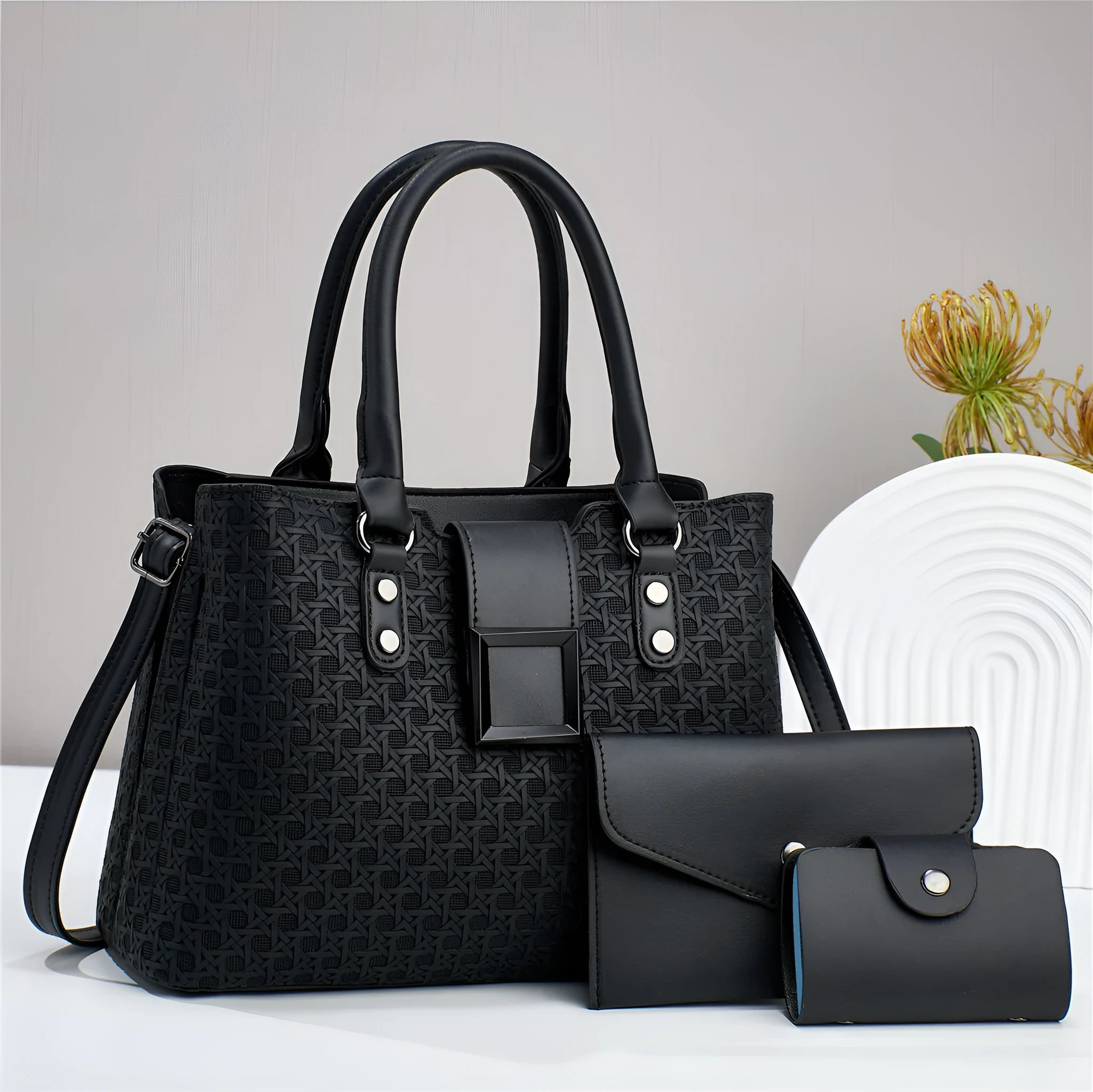 Three-piece women's crossbody bag in textured PU with square shape and open pocket