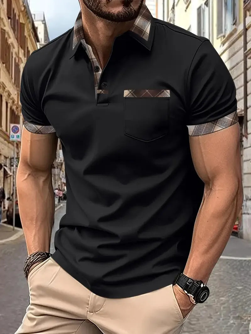 Men's plaid colourblock t-shirt with zipper decoration on front, short sleeves, loose fit