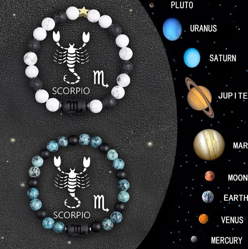 Natural stone beaded zodiac bracelet set showing twelve astrological signs