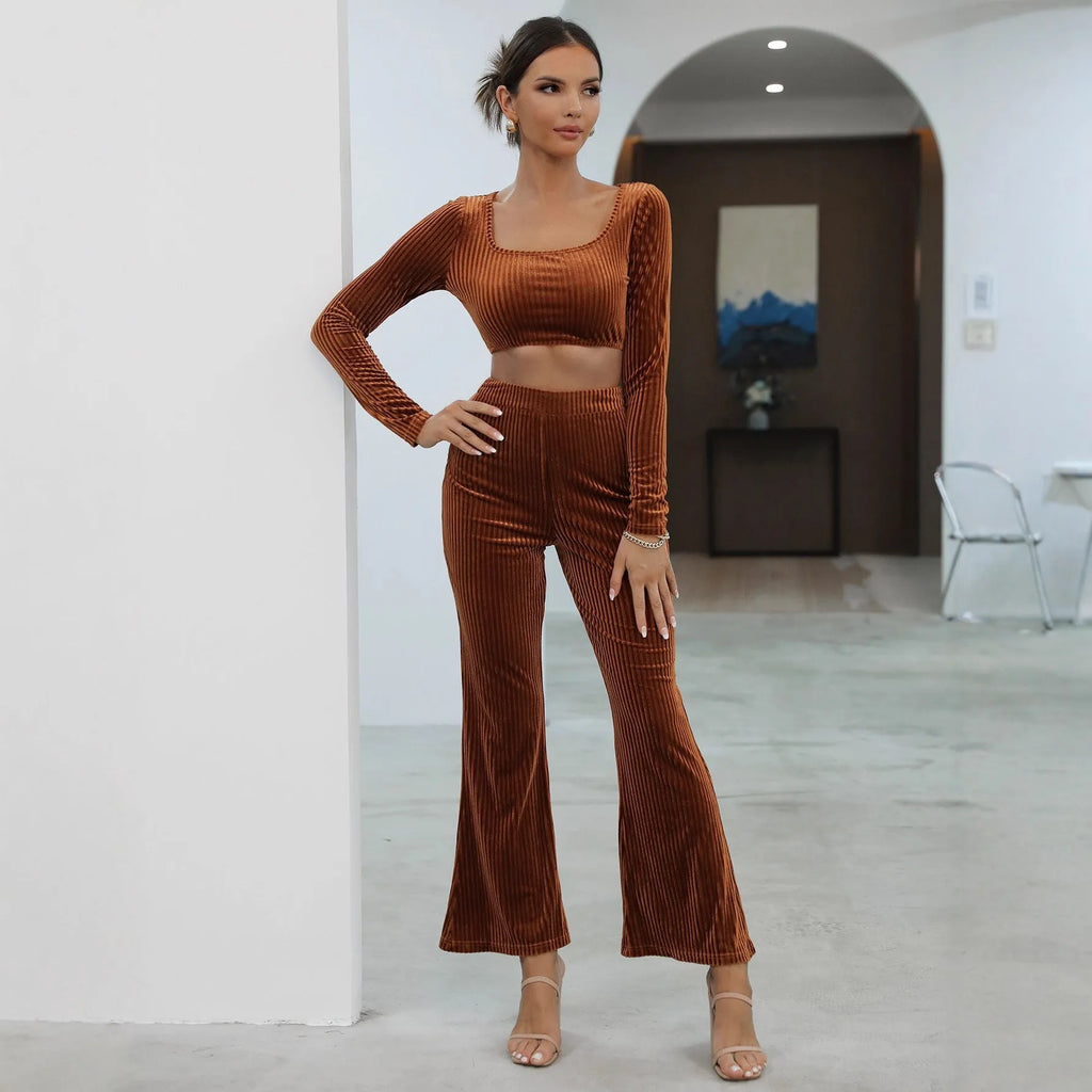Caramel coloured long sleeve sweater casual set with matching top and trousers on hanger
