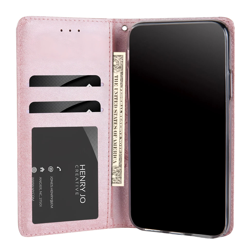PU leather flip phone case for Apple iPhone with a built-in card slot in black.
