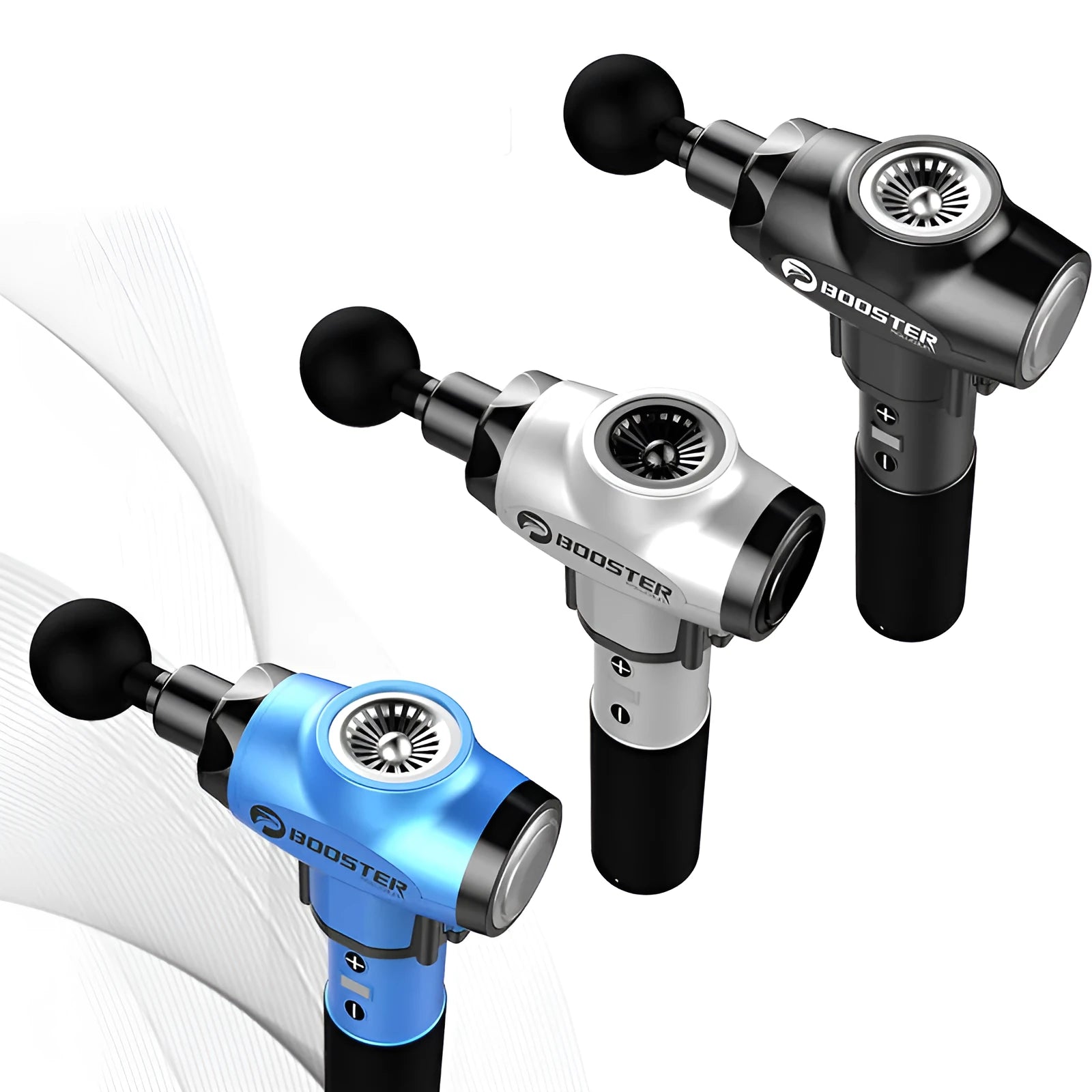 Black and white muscle massage gun with 24V battery and adjustable speed control