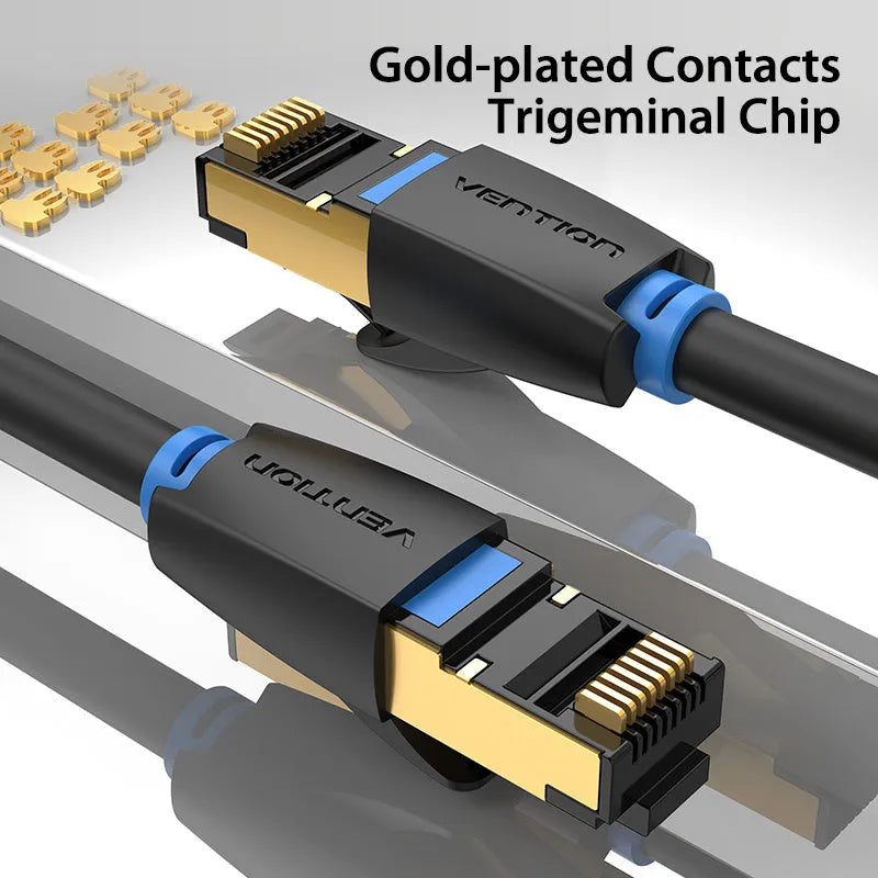 CAT8 shielded Ethernet network cable with RJ45 connectors, available in flat and round styles.