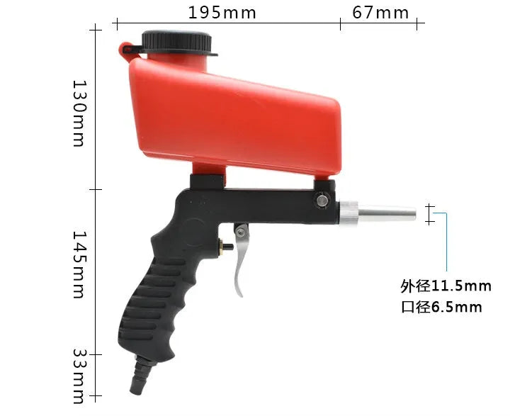 Portable black or blue pneumatic sandblasting gun with upper pot tank for on-site surface preparation.