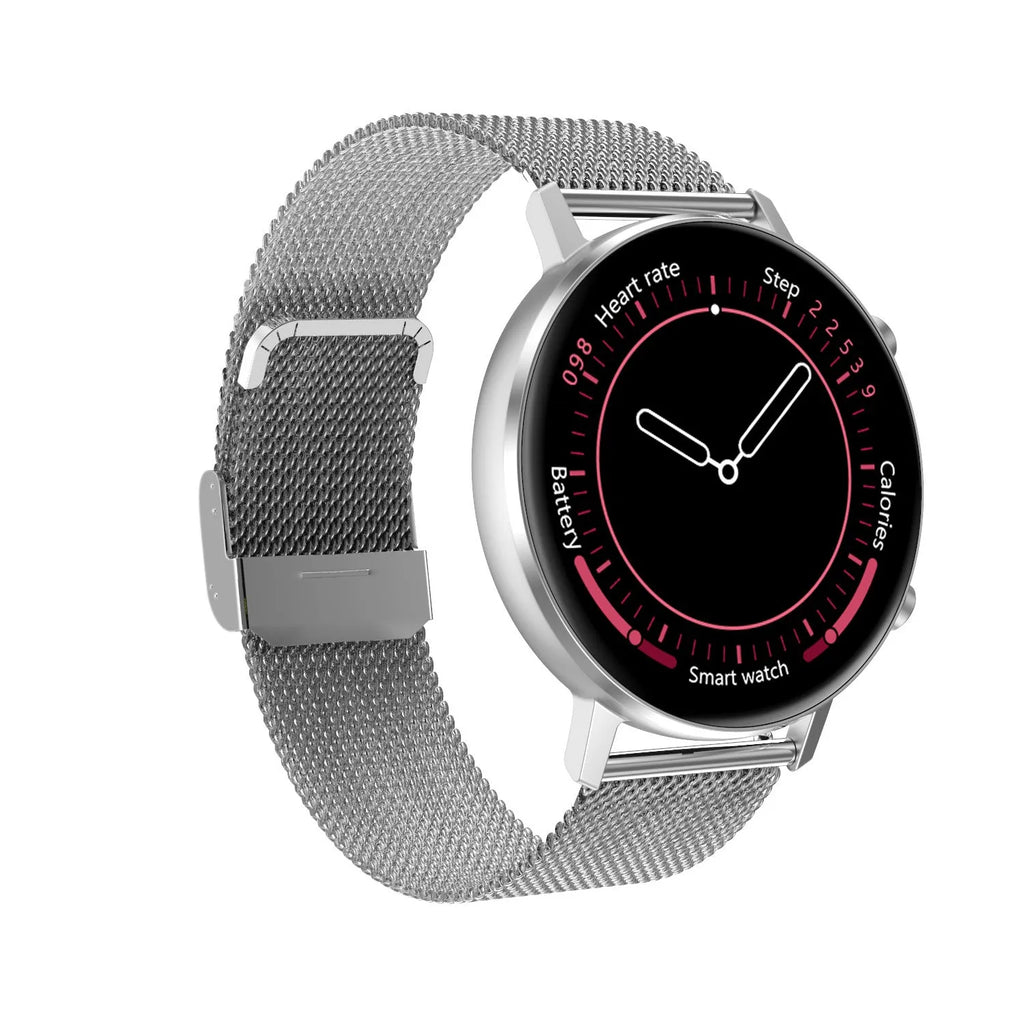 DT96 smart bracelet with steel strap on wrist, showing 1.3-inch screen.
