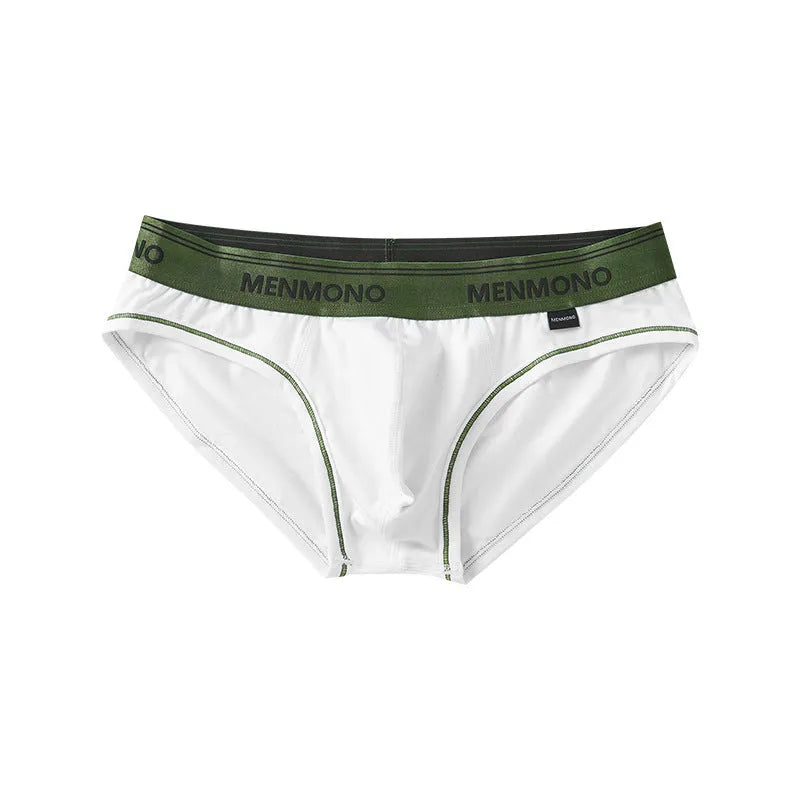 Men's low waist cotton briefs showing solid colour block design in various two-tone combinations.