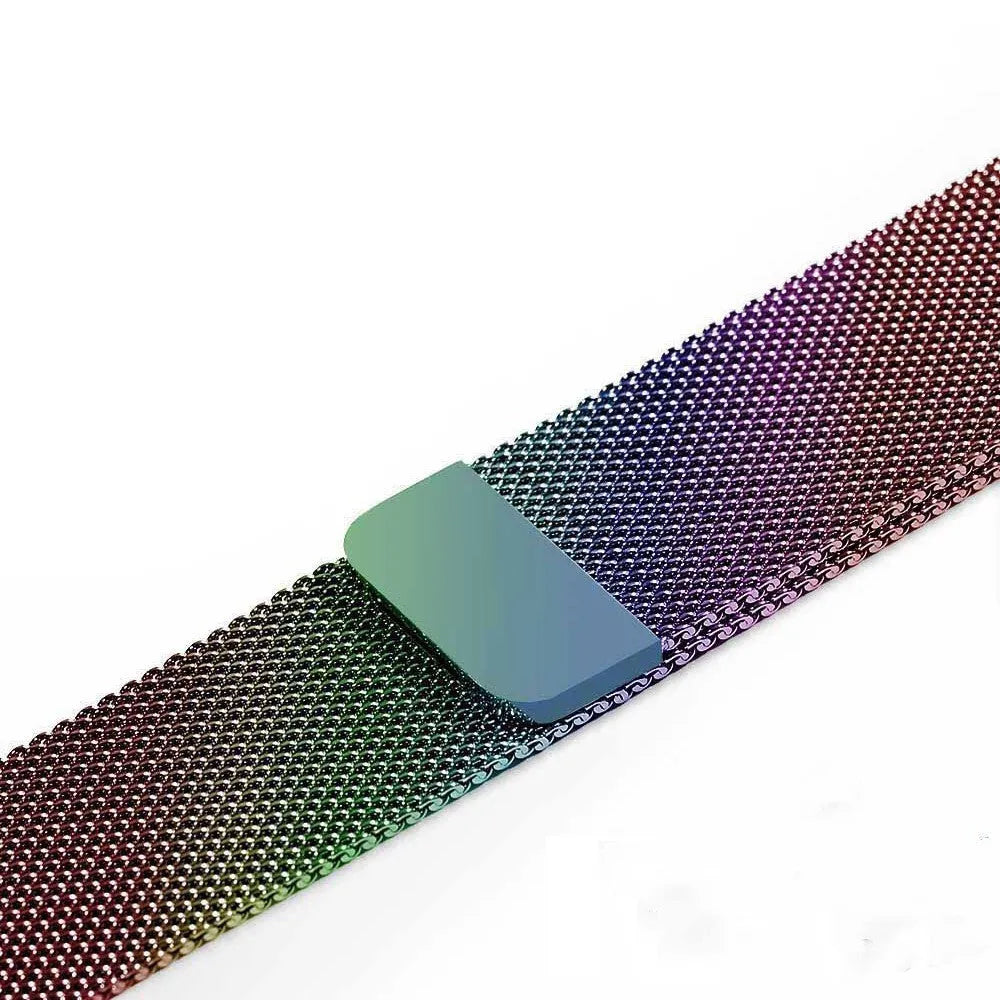 Stainless steel metal watch strap replacement band in silver, black, gold, and rose gold colours.