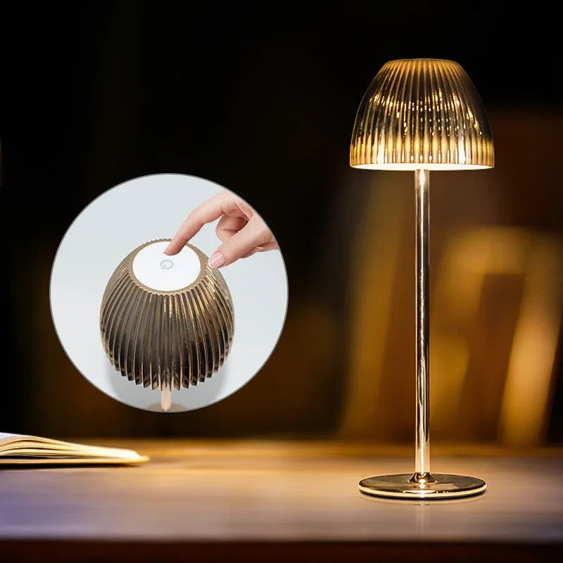 Modern small night lamp with thin round base in black or white, featuring dimming controls
