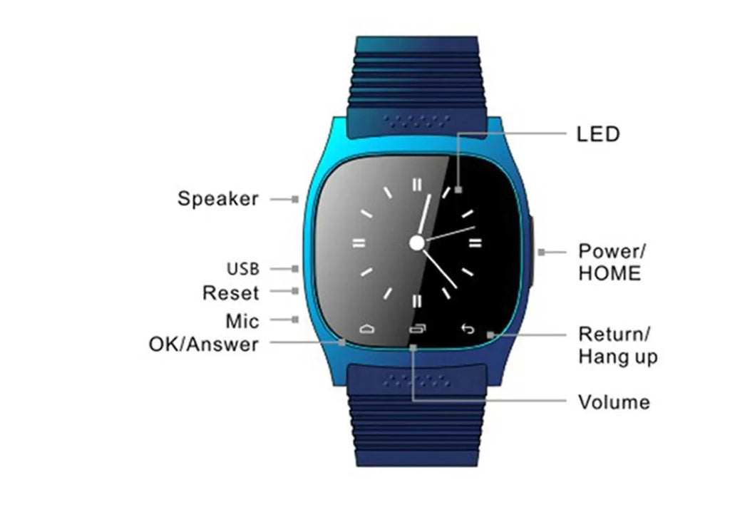 Smart Bluetooth sports watch in black, white, or blue colours compatible with iOS and Android devices
