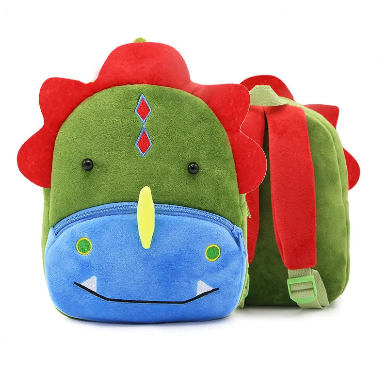 Soft plush children's backpack with cartoon animal design, showing zippered main compartment.