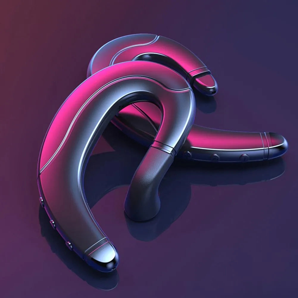 Single-ear out-of-ear Bluetooth headset for driving shown in black, blue, and red colour options.