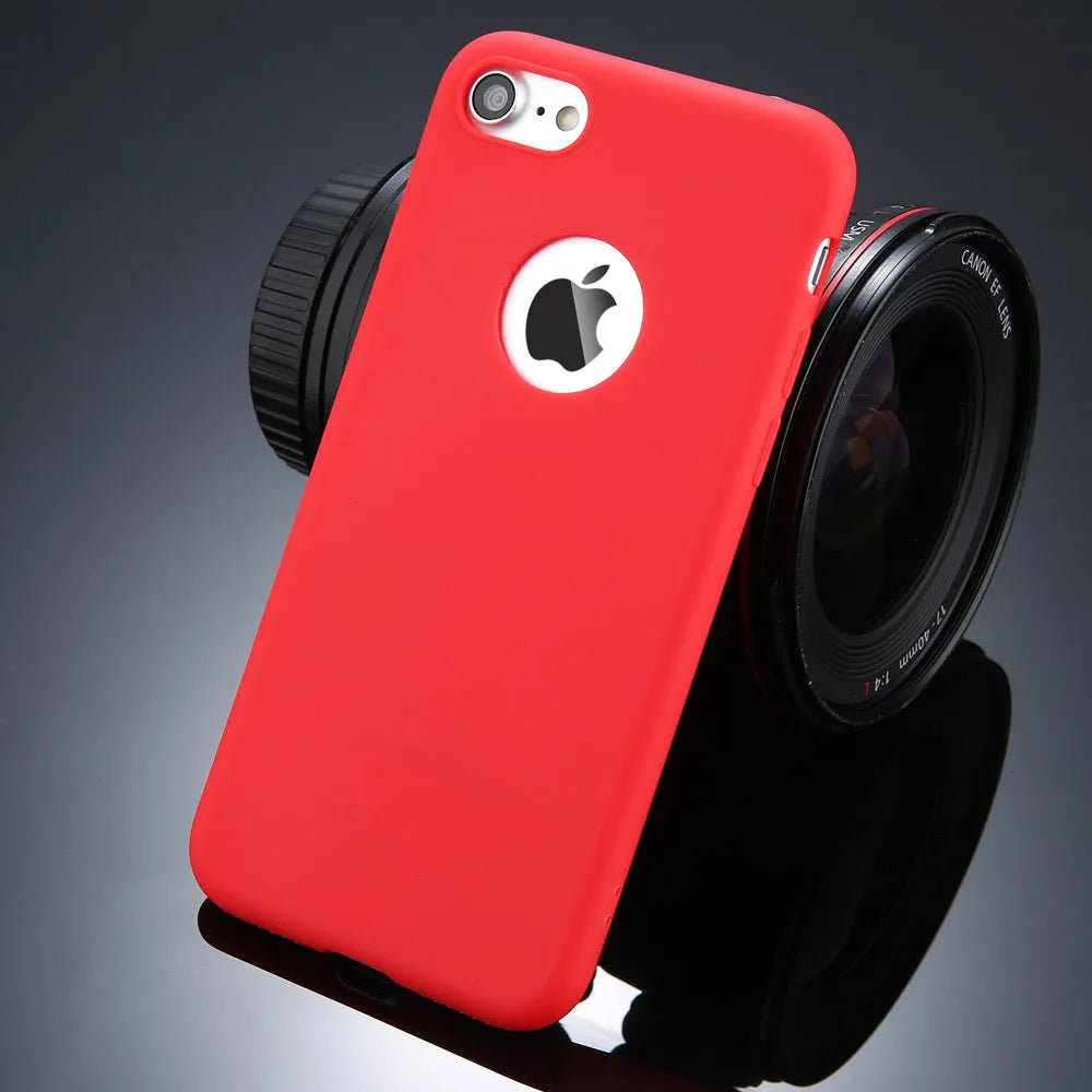 Soft silicone iPhone case in candy colours showing front and back views on iPhone model
