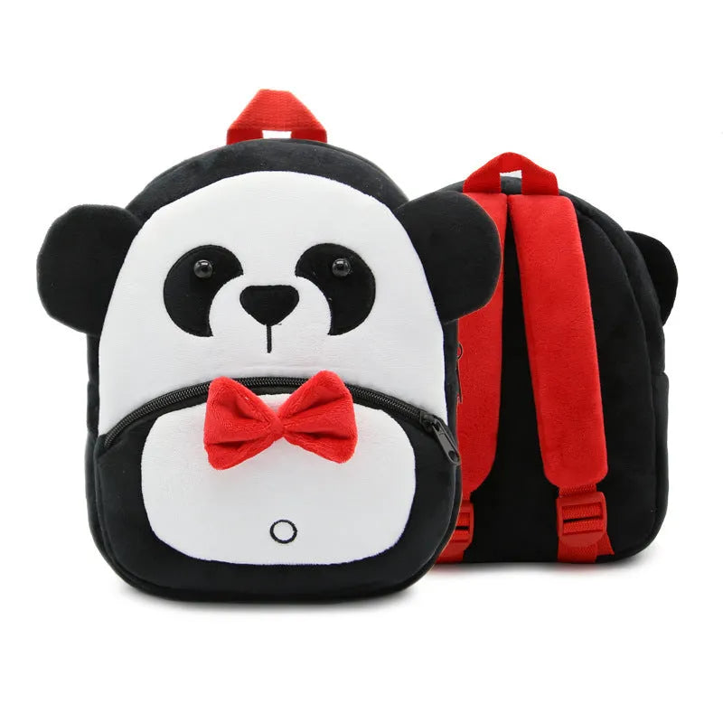 Soft plush children's backpack with cartoon animal design, showing zippered main compartment.