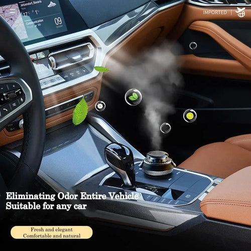 Solar-powered kinetic car air freshener with rotating double rings on car dashboard