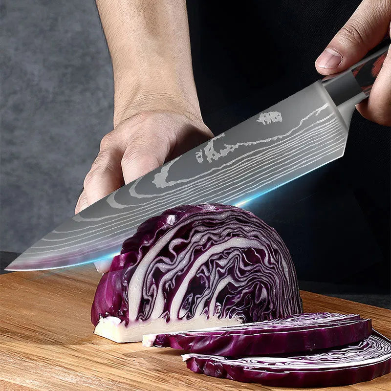 30cm chef knife with Damascus pattern blade and colour steel handle