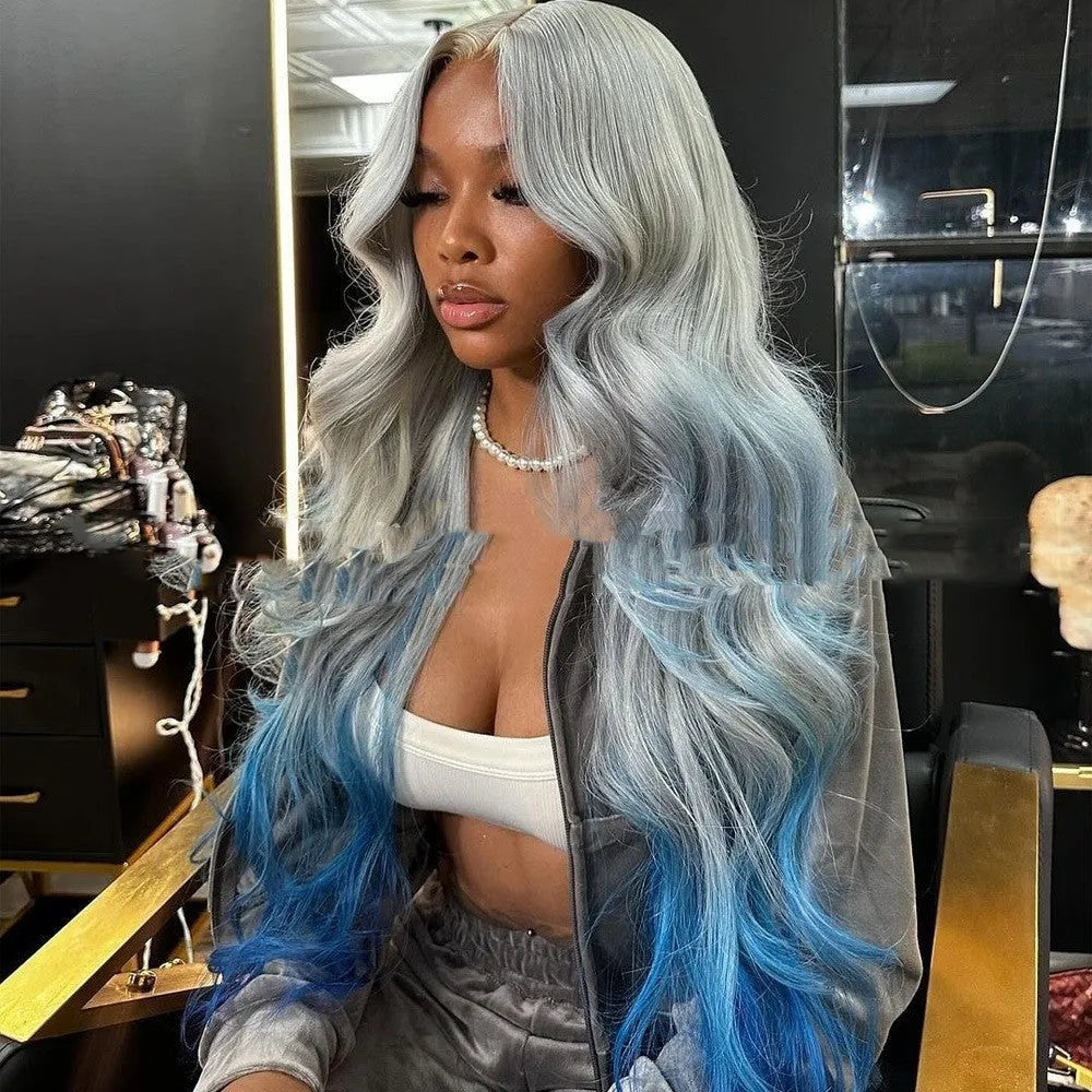 Gradient grey-blue human hair wig with natural lace front shown at multiple length options