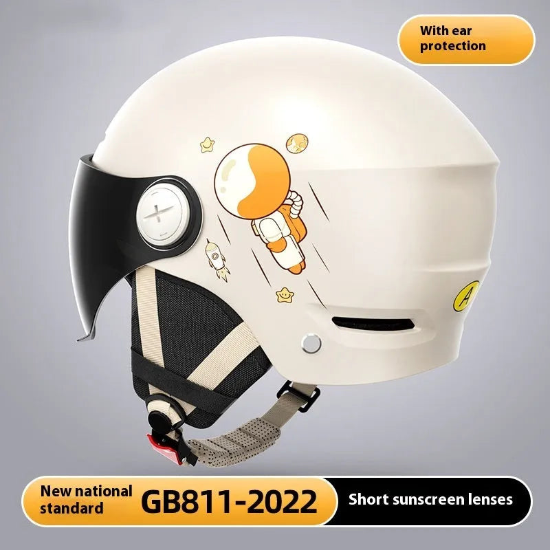 Khaki coloured motorcycle half helmet with removable visor on display