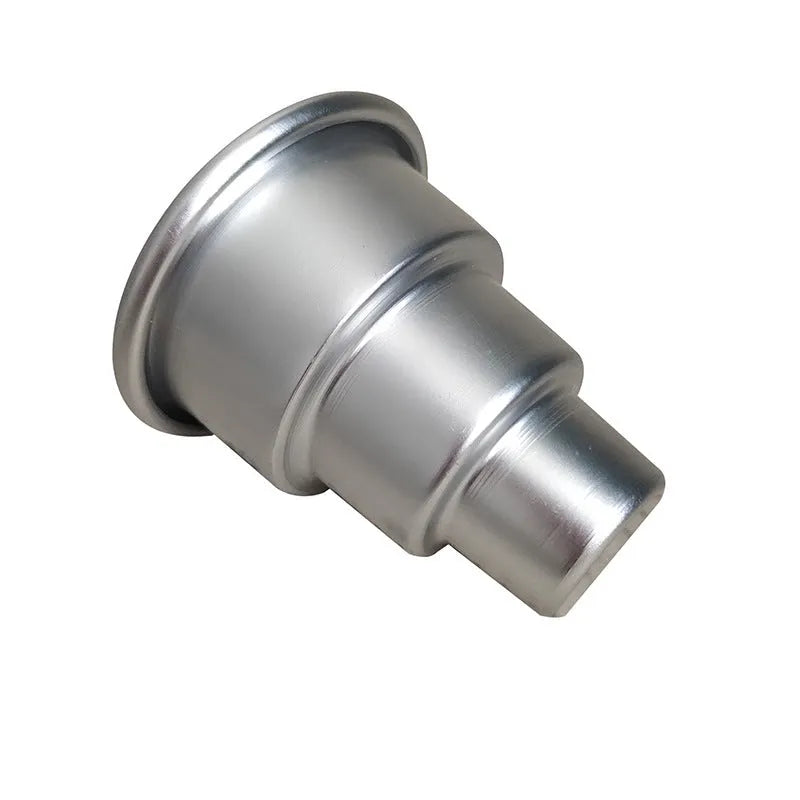 Three silver aluminium alloy cake moulds in large, medium, and small sizes with softcover