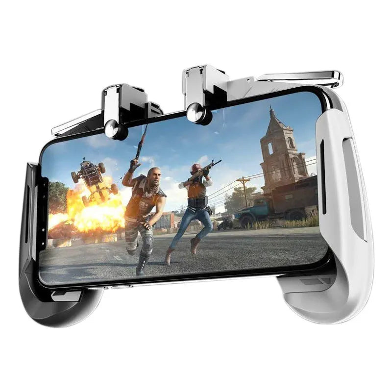 Multifunctional mobile game handle controller in black, blue, and white colours with adjustable grip