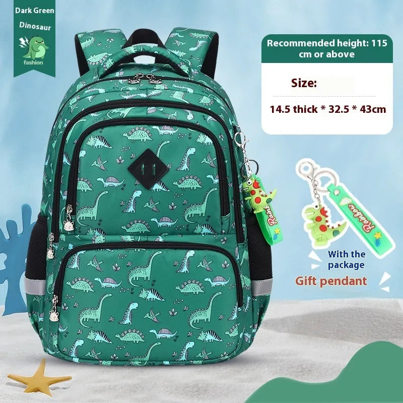 Blue children's school backpack with dinosaur print, showing curved straps and modern design.