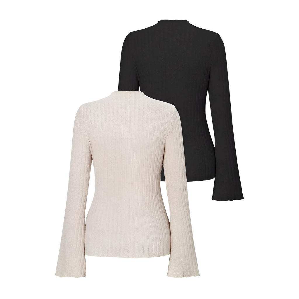 Men's slim fit long sleeve top in black with sunk stripe pattern and lantern sleeves