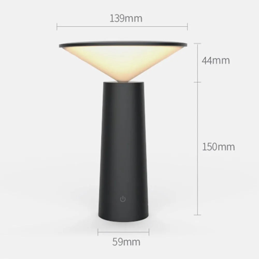 Black and white USB rechargeable LED desk lamp with adjustable head and touch controls.