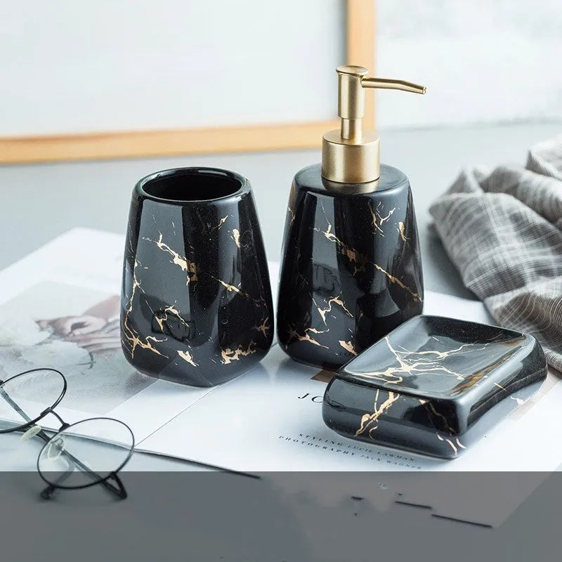 Ceramic bathroom wash set in light luxury style with decal process finish available in black blue or white