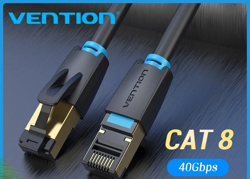 CAT8 shielded Ethernet network cable with RJ45 connectors, available in flat and round styles.