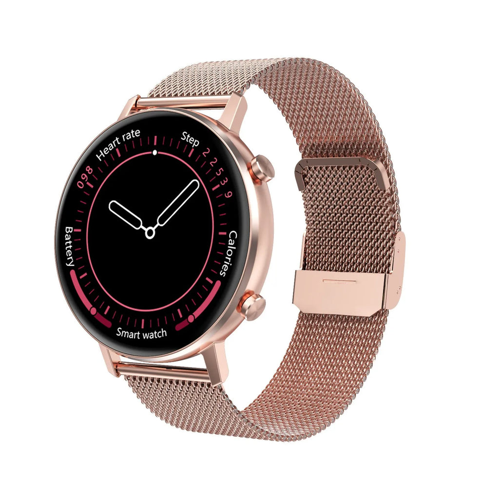 DT96 smart bracelet with steel strap on wrist, showing 1.3-inch screen.