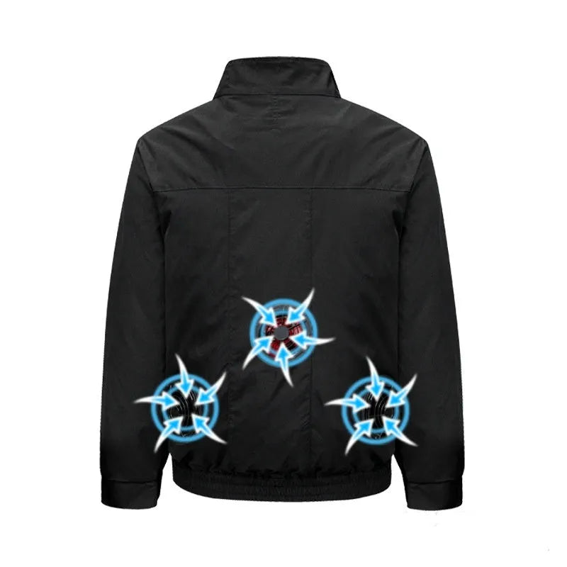 Men's black smart air conditioning outdoor work jacket with built-in cooling fan system and multiple ventilation holes.