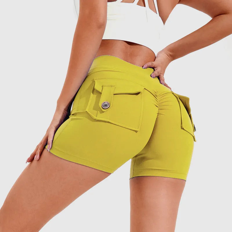 Women's high-waisted fitness shorts with pockets in various solid colours