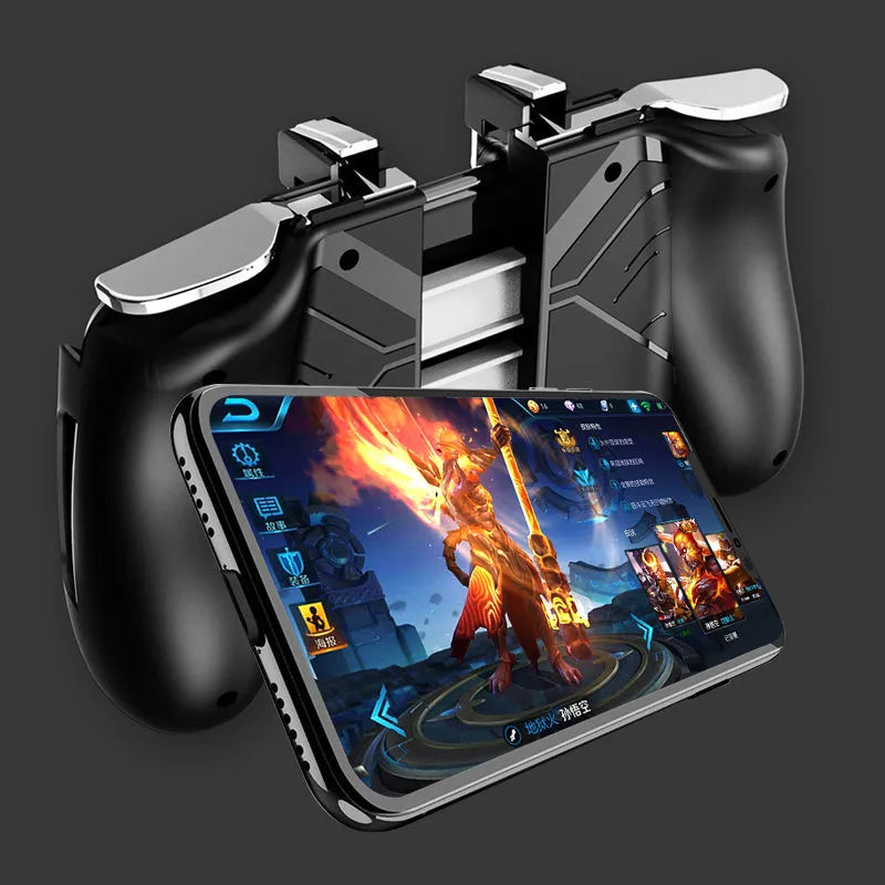 Multifunctional mobile game handle controller in black, blue, and white colours with adjustable grip