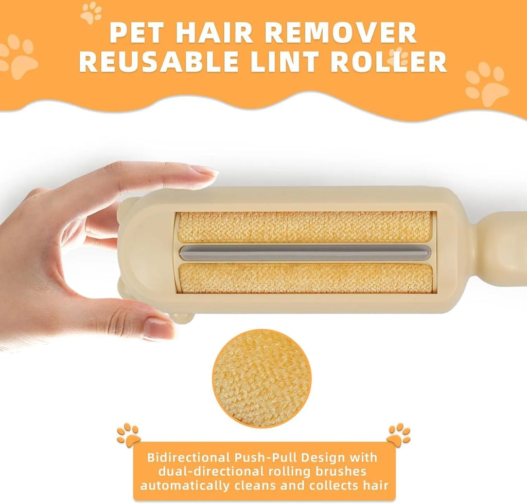 Blue reusable pet hair remover roller with self-cleaning base on a fabric sofa.