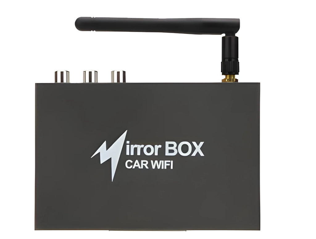 Black Car Mirror Link Box Wi-Fi converter with power cable, AV cable, antenna, and manual