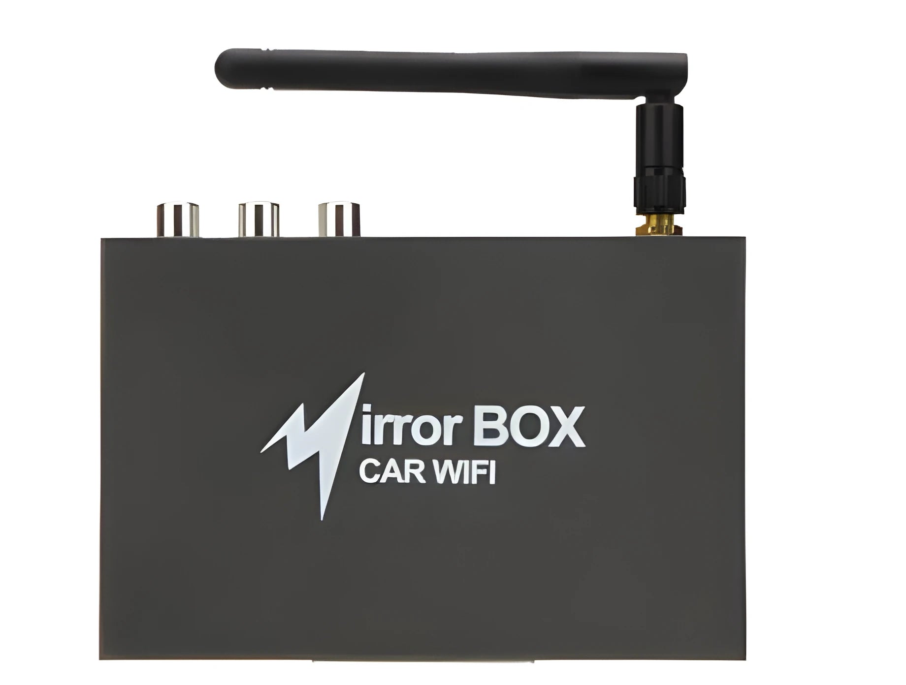 Black Car Mirror Link Box Wi-Fi converter with power cable, AV cable, antenna, and manual