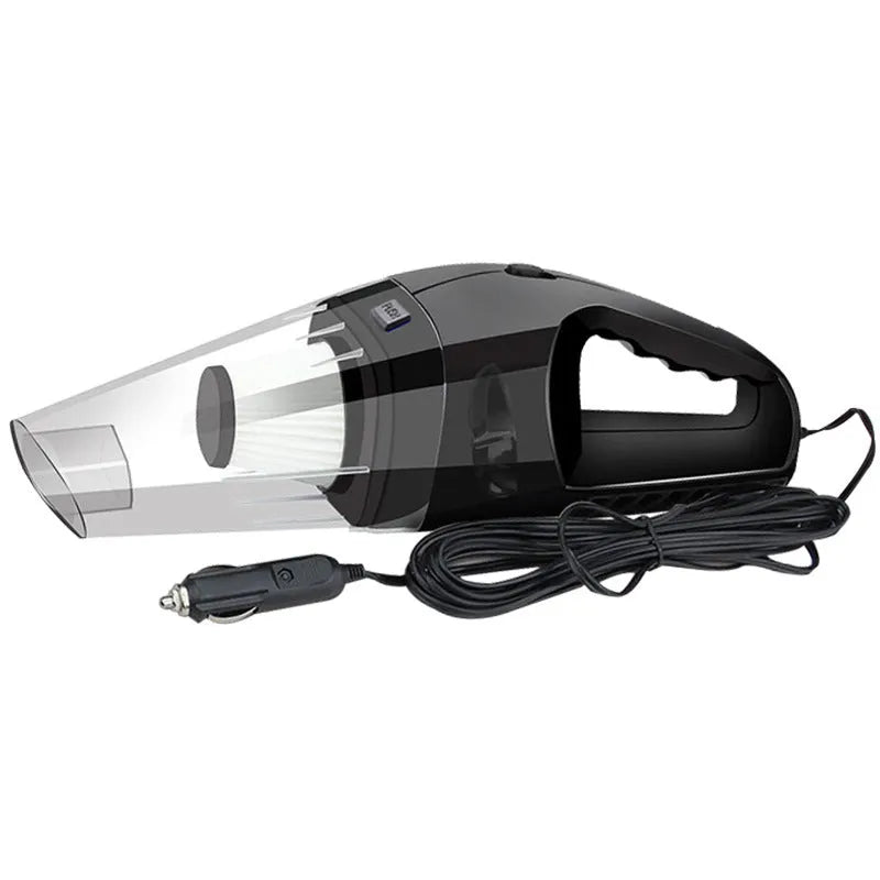 Orange, black, and blue 12V portable handheld car vacuum cleaner with power cord.