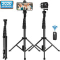 Black aluminium selfie stick tripod extended for use with an Apple iPhone.